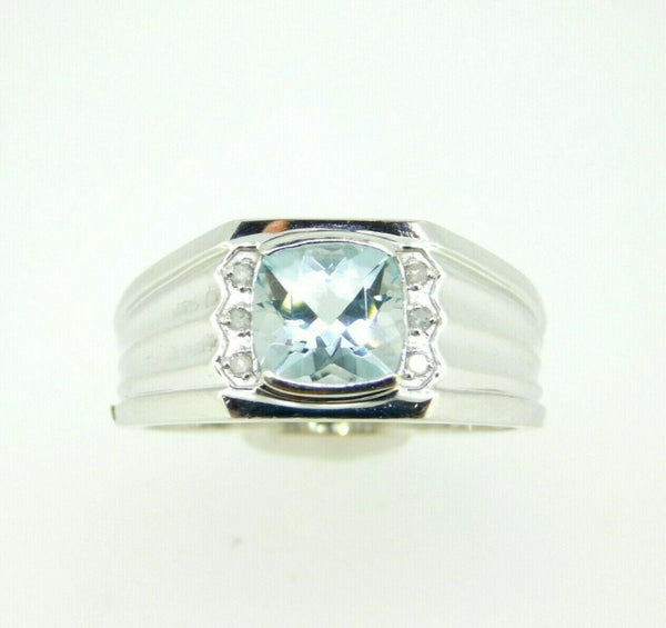 10k White Gold Men's Genuine Natural Aquamarine and Diamond Ring (#J4489)