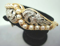 14k White and Yellow Gold Diamond and Pearl Bangle Bracelet (#J727)