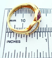 18K Gold Ring with Baguette Genuine Natural Rubies and Diamonds (#J1551)