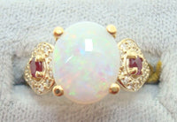 14K Gold Oval 2.05ct Genuine Natural Opal Ring with Rubies and Diamonds (#J2650)