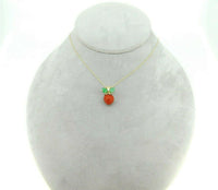 14k Yellow Gold Coral Strawberry Pendant Carved Emerald Leaves (#J4444)