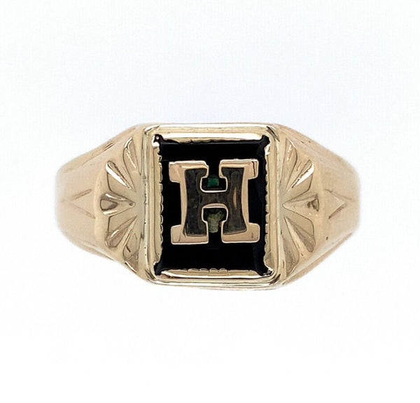 10k Yellow Gold Genuine Natural Onyx Men's Ring Initial "H" Size 9 (#J6131)