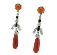 18k Gold Genuine Natural Coral Briolette Diamond and Enamel Earrings (#J4708)