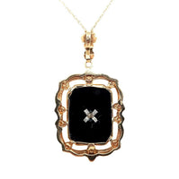 10k Yellow Gold Vintage Genuine Natural Black Onyx and Diamond Pendant (#J5637)