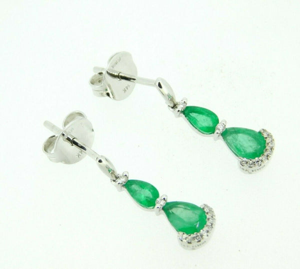 14k White Gold Genuine Natural Emerald Drop Earrings with Diamonds (#J4365)