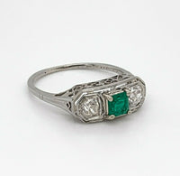 18k Gold Art Deco .32ct Genuine Natural Emerald and Diamond Filigree Ring #J4836