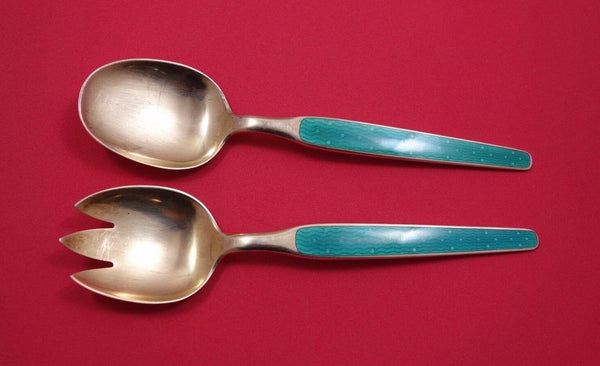 David Anderson Sterling Silver Salad Serving Set 2pc Vermeil with Green Enamel