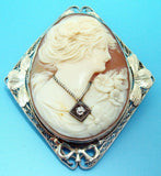 Art Deco 14k Gold Filigree Genuine Natural Shell Cameo and Diamond Pin (#J2942)
