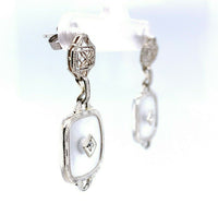 14k White Gold Art Deco Genuine Natural Rock Crystal Quartz Earrings (#J5504)