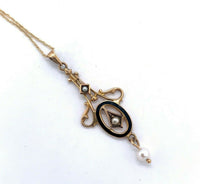 10k Yellow Gold Seed Pearls and Black Enamel Lavaliere Pendant (#J4956)