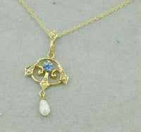 14k Yellow Gold Lavaliere Pendant Blue Sapphire and Pearls (#J4802)