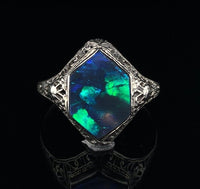 10k White Gold Art Deco Genuine Natural Black Opal Filigree Ring (#J5667)