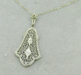 Art Deco 14k White Gold Genuine Natural Diamond Filigree Pendant (#J4679)