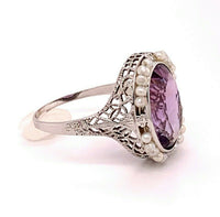 Art Deco 14k White Gold Filigree Amethyst Ring with Seed Pearls (#J4827)