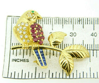 18k Gold Bird on Branch Pin w/ Genuine Natural Rubies Sapphires Diamonds #J4361