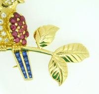 18k Gold Bird on Branch Pin w/ Genuine Natural Rubies Sapphires Diamonds #J4361