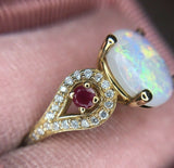14k Yellow Gold Genuine Natural Opal Ruby and Diamond Ring (#J2650)