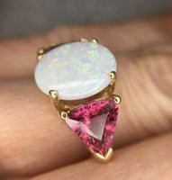14k Yellow Gold Genuine Natural Opal and Pink Tourmaline Ring (#J4417)
