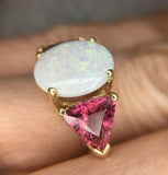 14k Yellow Gold Genuine Natural Opal and Pink Tourmaline Ring (#J4417)