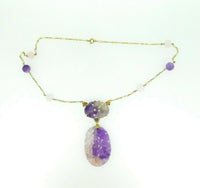 14K Gold Art Deco Carved Genuine Natural Amethyst Necklace (#J4516)