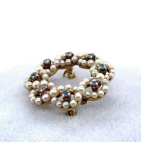 14k Yellow Gold Antique Montana Sapphire and Pearl Circle Pin (#J5468)