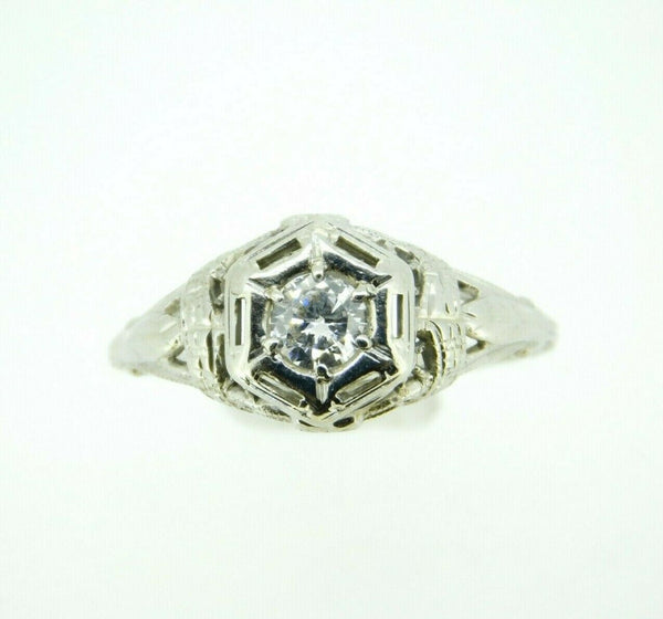 Art Deco White Gold 18k Filigree .21ct Genuine Natural Diamond Ring (#J4462)