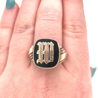 10k Yellow Gold Genuine Natural Onyx Signet Ring with Gold M or W Initial #J5862