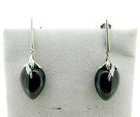 14k White Gold Dangle Genuine Natural Cabochon Black Onyx Earrings (#J694)