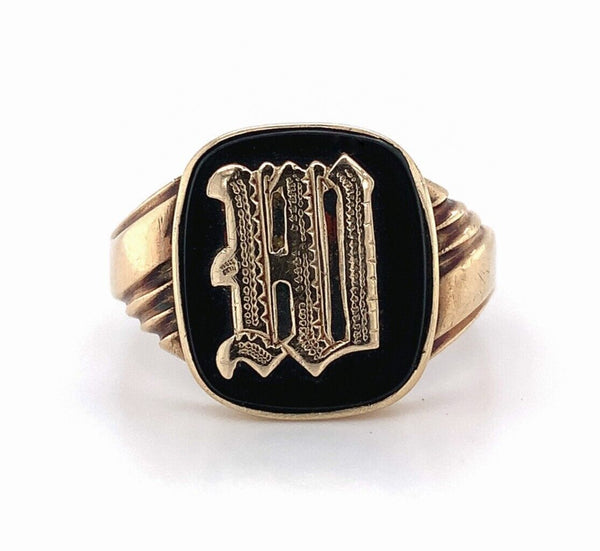 10k Yellow Gold Genuine Natural Onyx Signet Ring with Gold M or W Initial #J5862