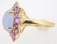 Large 14k Gold Genuine Natural Chalcedony Ring with Amethysts (#J3996)