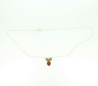 14k Gold Coral Strawberry Pendant Carved Emerald Leaves (#J4446)