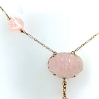 14k Yellow Gold Deco Carved Genuine Natural Rose Quartz Necklace (#J5926)