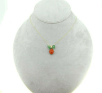 14k Gold Coral Strawberry Pendant Carved Emerald Leaves (#J4446)