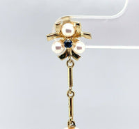14k Yellow Gold Pearl and Sapphire Drop Earrings (#J5487)