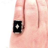 14k White Gold Rectangle Genuine Natural Black Onyx Ring with Diamond (#J5821)