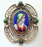 14K Gold French Enamel Brooch with Seed Pearls and Agates (#J2951)