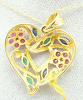 10K Gold Heart Pendant w/Genuine Sapphires, Emeralds, Rubies & Diamonds (#C2426)