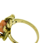 10k Yellow Gold Art Nouveau Coral Ring with Rose Leaves and Pearl (#J4551)