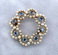 14k Yellow Gold Antique Montana Sapphire and Pearl Circle Pin (#J5468)