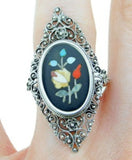 Sterling Pietra Dura Filigree Flower Ring Jewelry (#J4247)