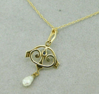 14k Yellow Gold Lavaliere Pendant Blue Sapphire and Pearls (#J4802)