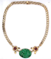 14k Yellow Gold Retro Jadeite Jade and Ruby Necklace with GIA Report (#J5666)
