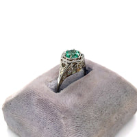 18k White Gold Art Deco Genuine Natural Emerald Filigree Ring (#J5650)