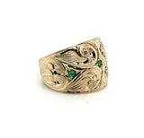 14k Yellow Gold Wide Heavy Emerald and Diamond Band Ring (#J5440)