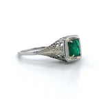 14k White Gold Art Deco .68ct Genuine Natural Emerald Filigree Ring (#J5652)