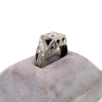 18k White Gold Art Deco Men's Diamond and Sapphire Ring Jewelry (#J5593)