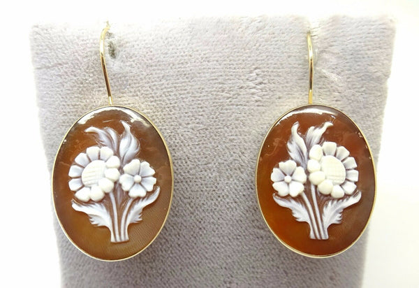 14k Gold Genuine Natural Shell Cameo Floral Bouquet Earrings (#J3636)