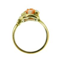 10k Yellow Gold Art Nouveau Coral Ring with Rose Leaves and Pearl (#J4551)
