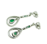 18k White Gold Genuine Natural Emerald and Diamond Deco Style Earrings (#J4716)