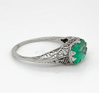 Art Deco 14k White Gold Filigree 1.41ct Genuine Natural Emerald Ring (#J4830)